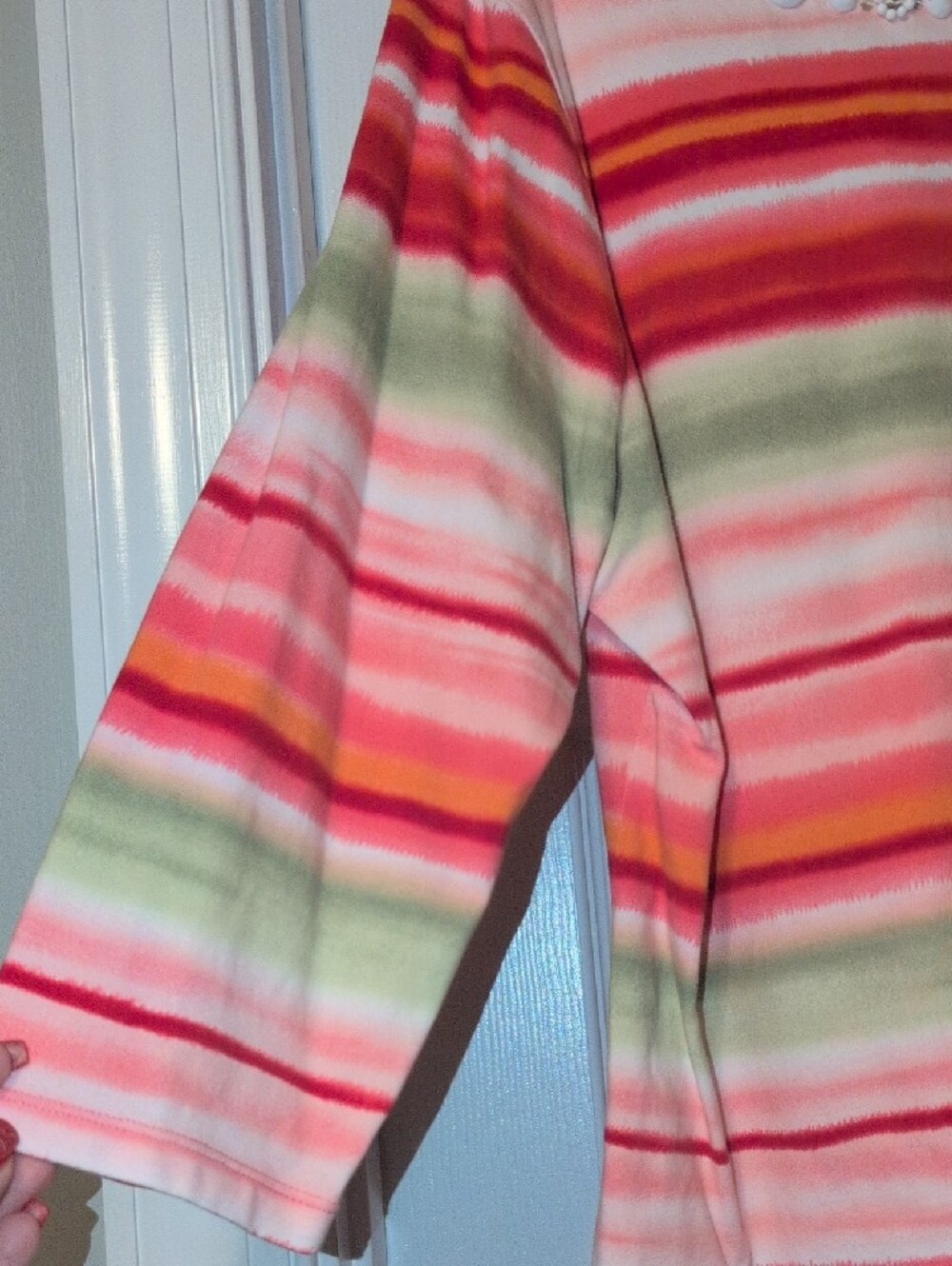 Ruby Rd. Pink, Green & White Striped Long Sleeve Top with Neck Embellishments - Picture 5 of 5